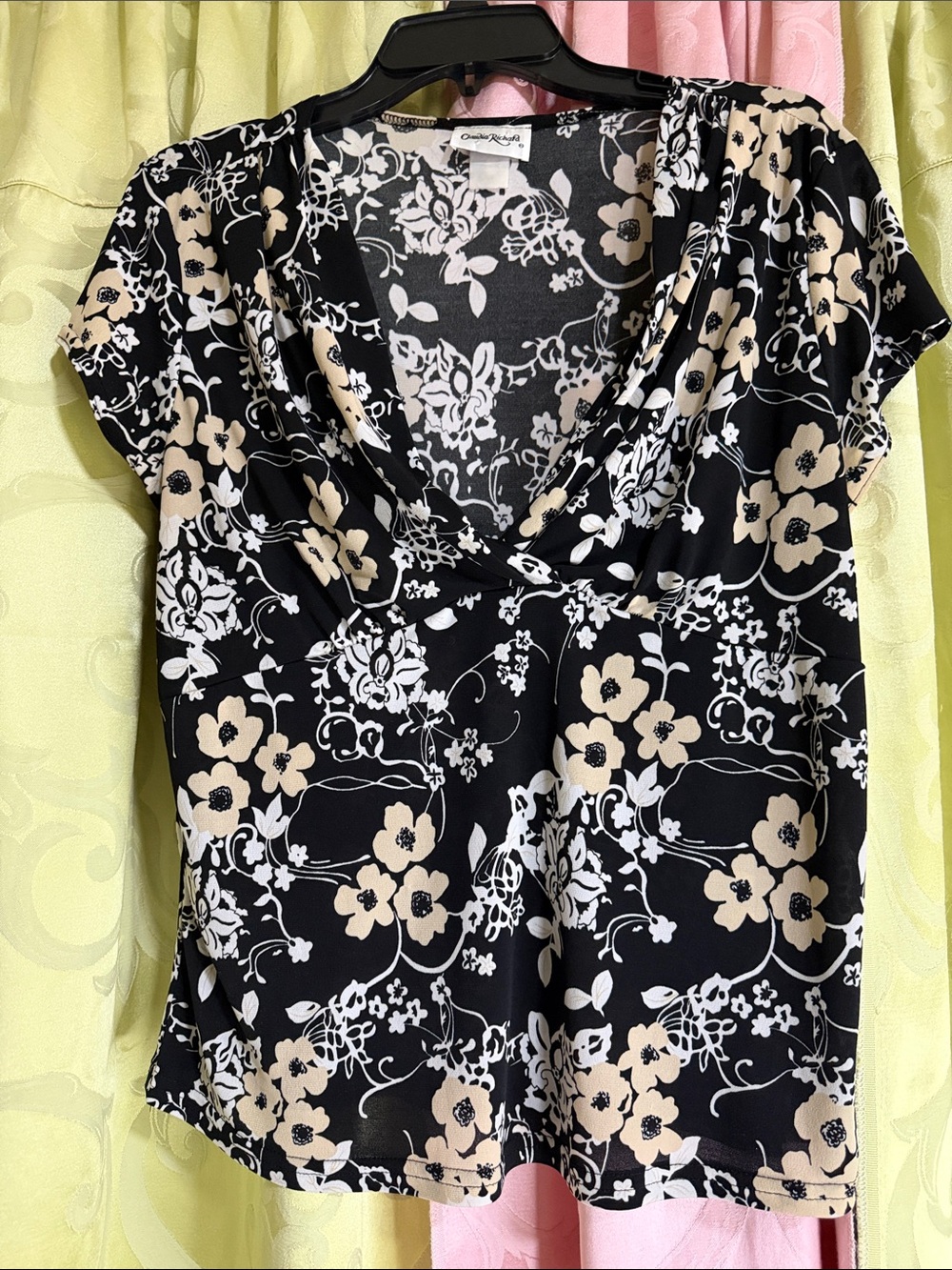 croft & barrow Black Floral Drape-Neck Camisole with Beige and White Flowers